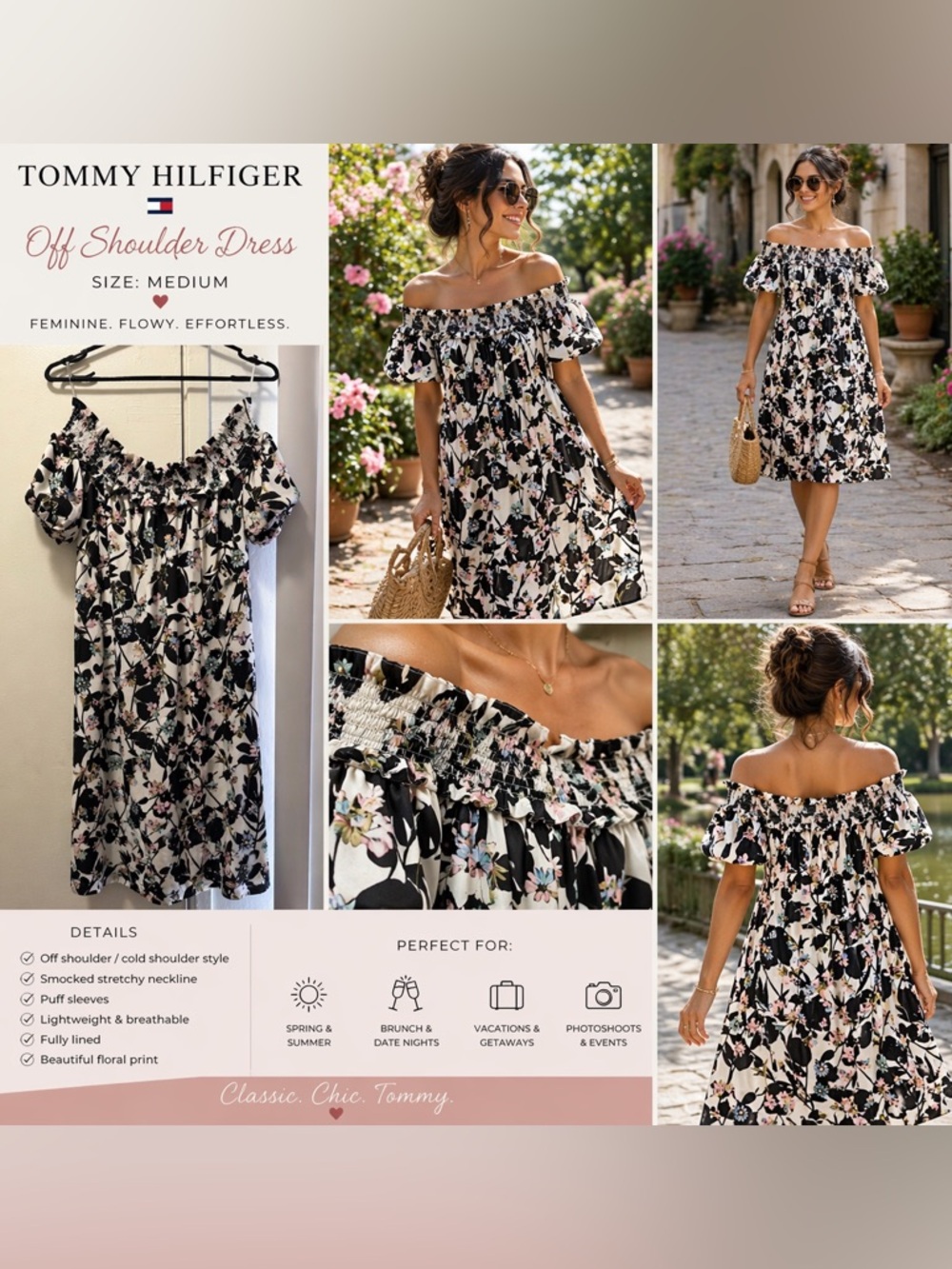 Tommy Hilfiger Black Floral Off-Shoulder Dress